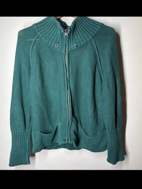Y2K American Eagle Women's XL Teal Knit Full Zip Sweater Chunky Ribbed Pockets